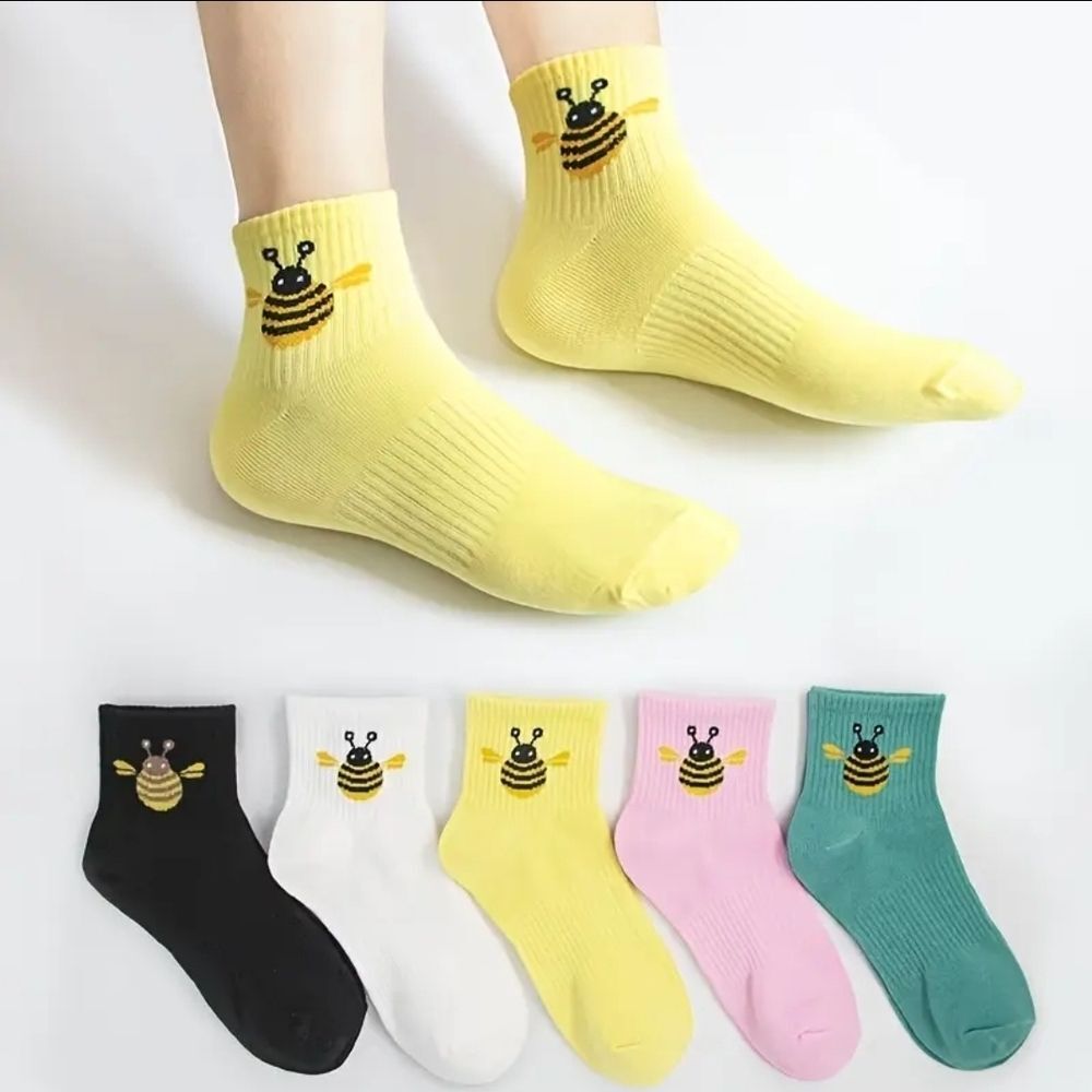 Colorful Bee Embroidered Ribbed Socks Set Ankle Socks - Picture 2 of 6